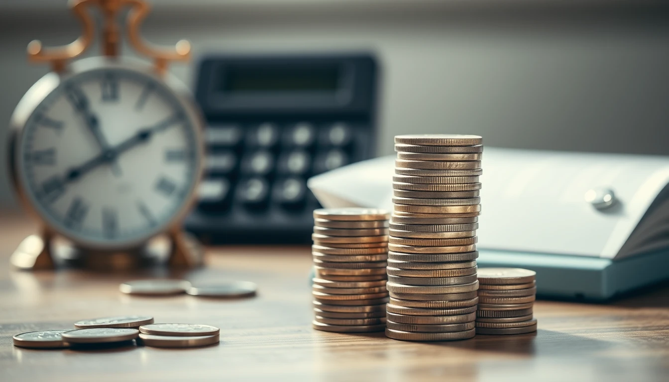 Photo of stacks of coins in tiers on a wooden table with a clock and calculator blurred behind