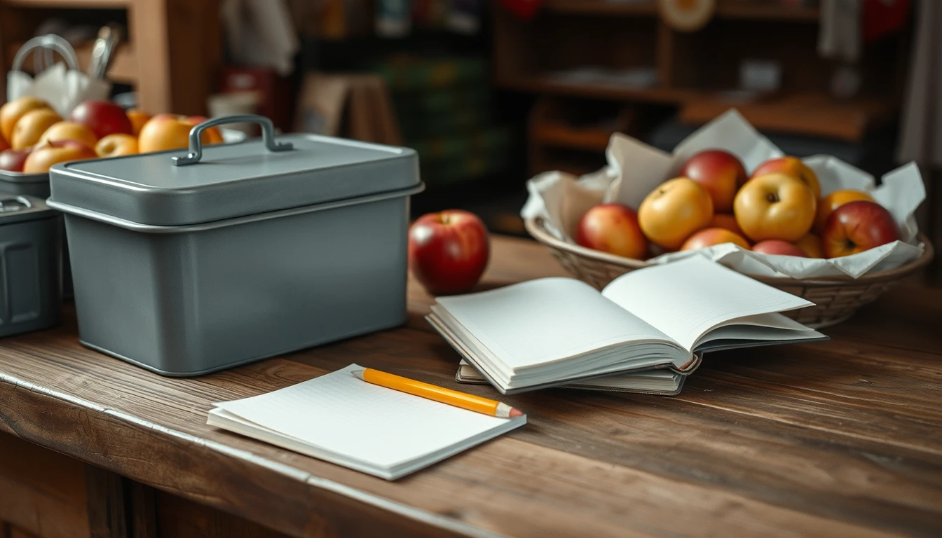 Photo of a market stall counter with a grey metal cash tin, open blank notebooks, a pencil and bowls of apples, illustrating petty cash and cash sales records