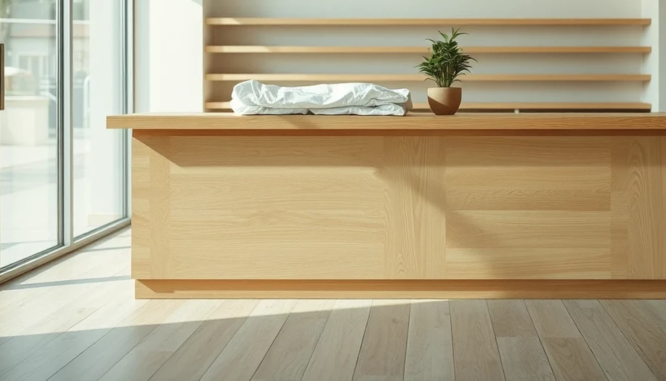 Photo of a new wooden shop counter with a folded dust sheet and a small plant in an empty unit by large windows, illustrating pre-trading expenses for a new limited company