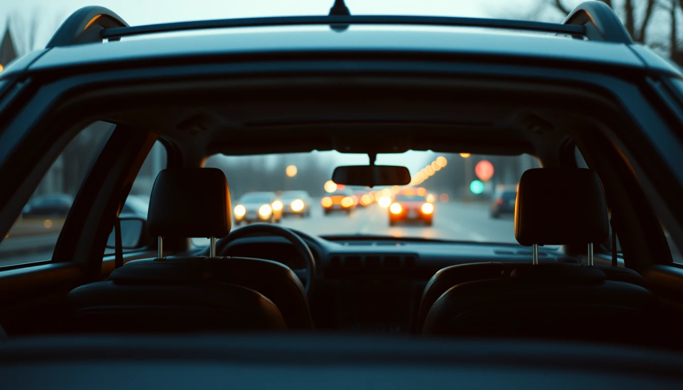 Photo from the back seat of an empty parked car at dusk, looking through the windscreen at blurred city traffic lights