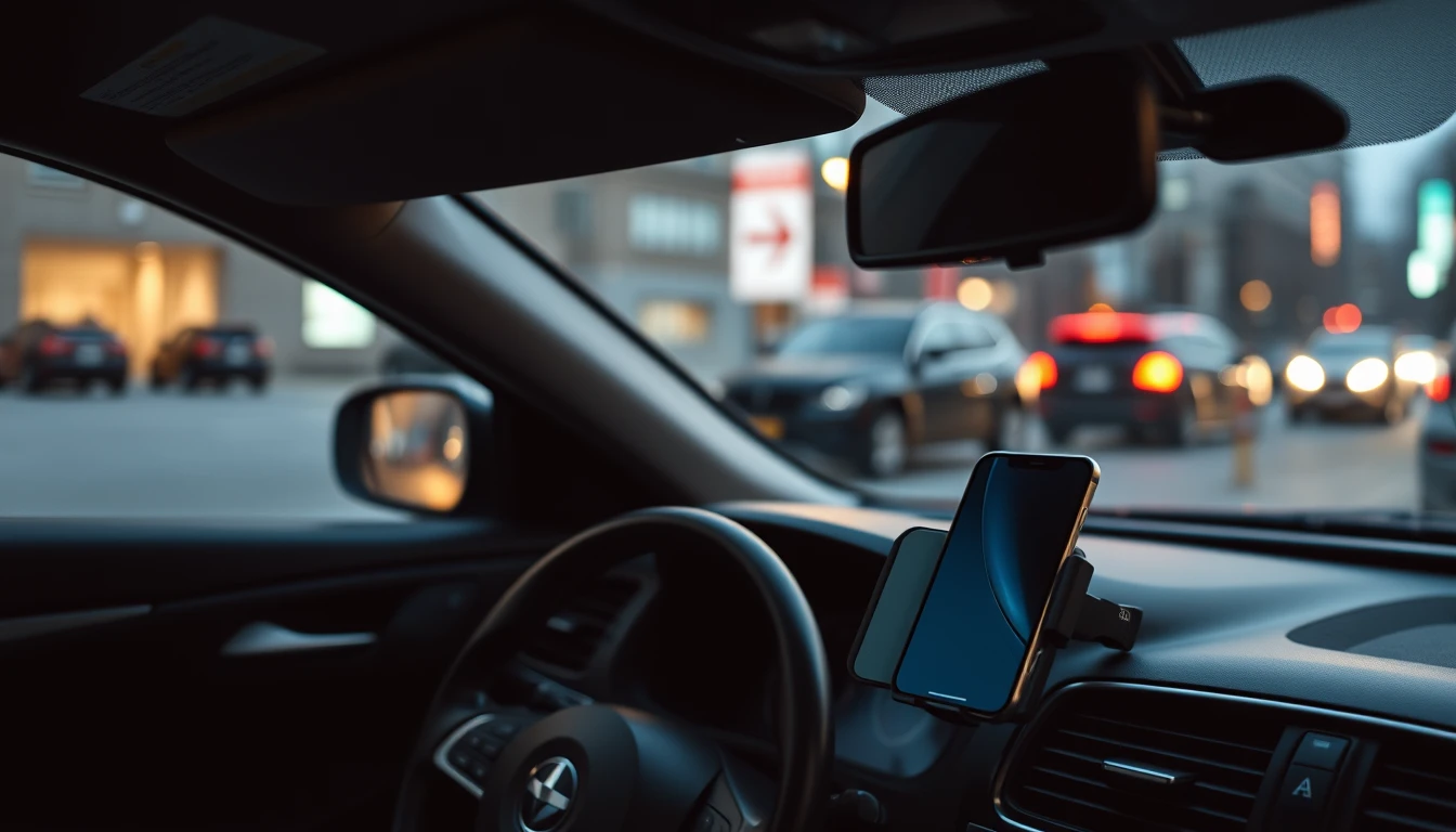 Photo of a smartphone on a car dashboard mount inside a parked dark saloon car at dusk
