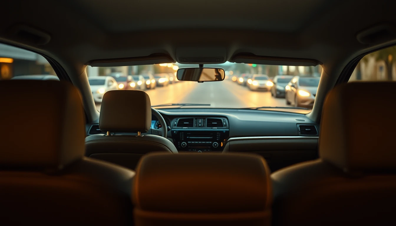 Photo of an empty car interior seen from the back seat at dusk, with a city street ahead through the windscreen, illustrating the tax check for a private hire licence