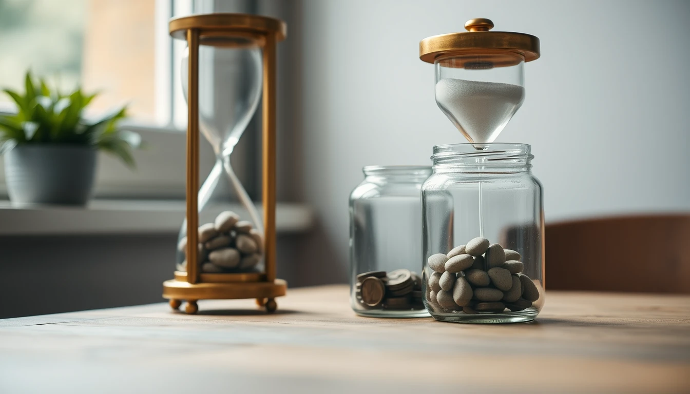 Photo of a brass hourglass and glass jars partly filled with pebbles on a wooden desk, illustrating reducing payments on account with form SA303