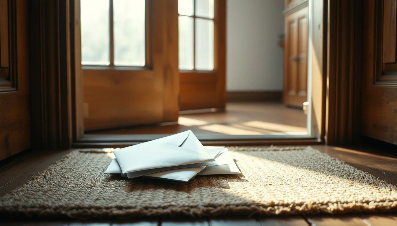 Photo of a pile of white envelopes on a doormat just inside a wooden front door, illustrating registered office and service address rules