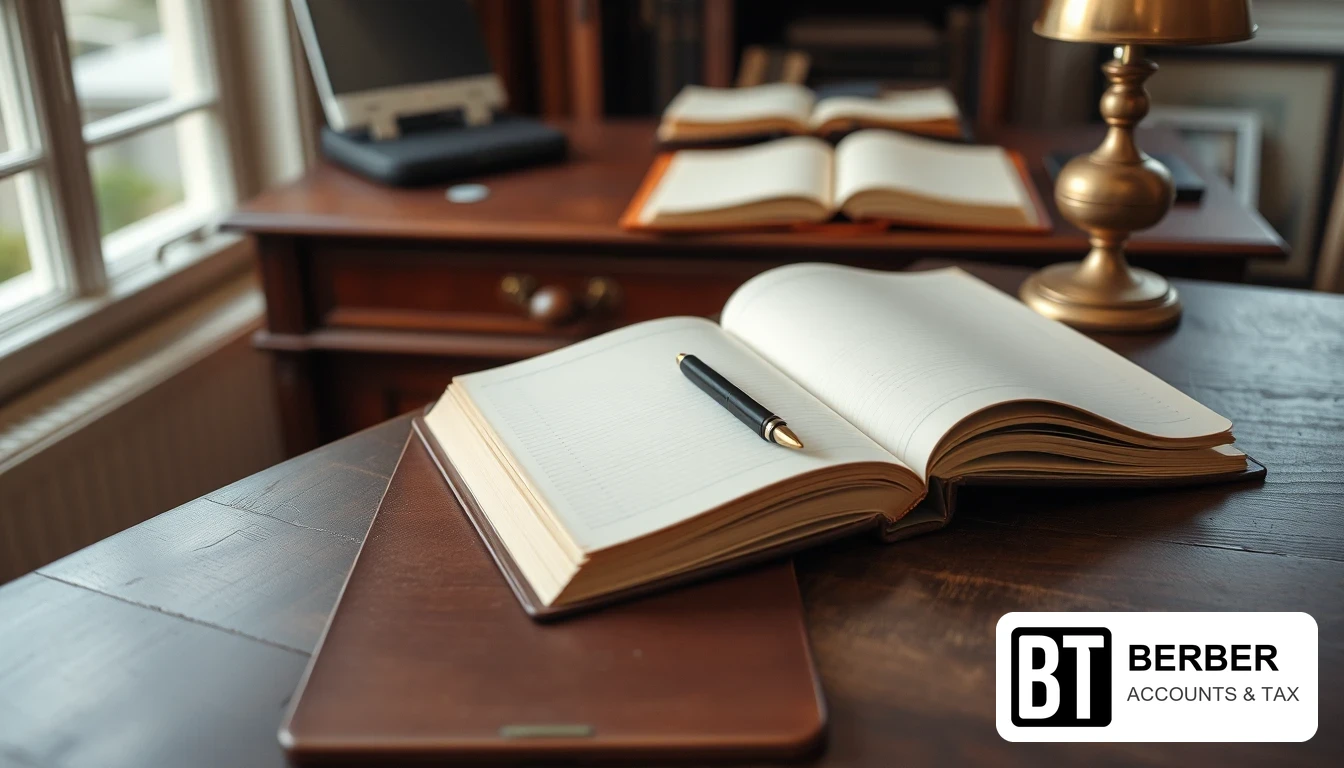Photo of open hardback ledger books with blank pages, a black pen and a brass lamp on a dark wooden desk, illustrating sales and purchase ledgers