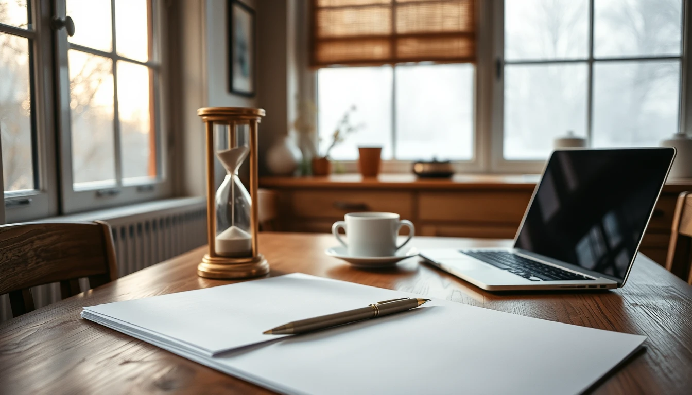 Photo of a kitchen table in winter light with an hourglass, blank paper, a pen, a coffee cup and a laptop, illustrating the Self Assessment 31 January countdown