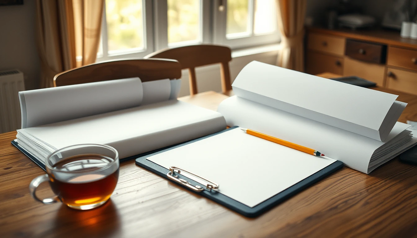 Photo of a kitchen table with open files of blank paper, a clipboard with a blank sheet, a pencil and a glass cup of tea