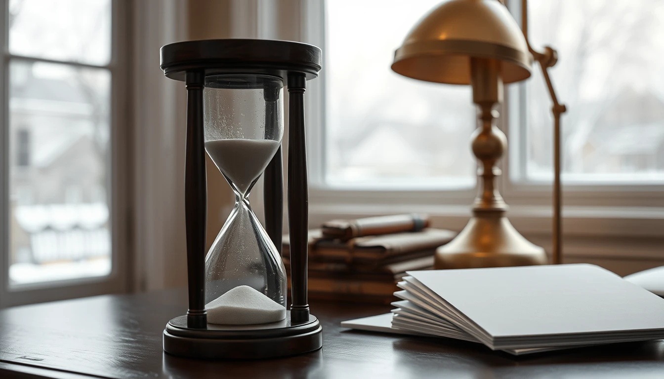 Photo of a sand hourglass in a dark wooden frame on a desk beside a brass lamp and a stack of blank cards by a wintry window