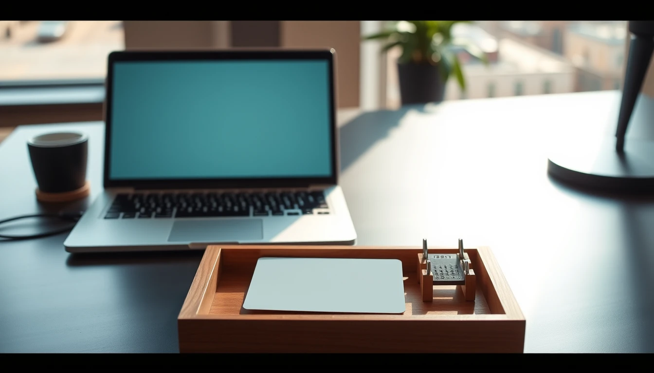 Photo of a desk with a laptop and a small wooden tray holding a blank card and a card holder in morning light