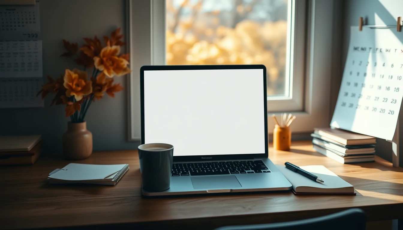 Photo of a tidy desk with a laptop, coffee cup and wall calendar in autumn light, representing the Self Assessment registration deadline