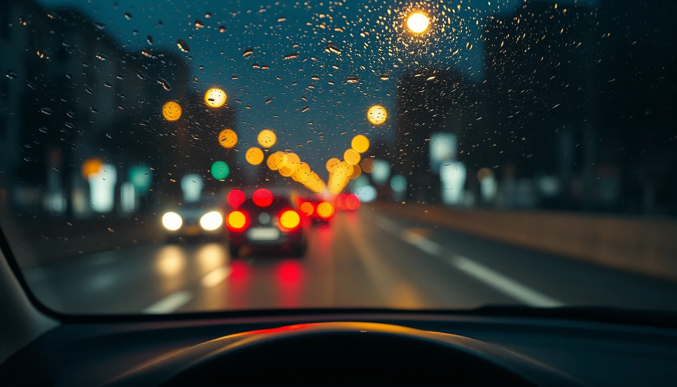 Photo through a rain-speckled car windscreen of blurred city traffic lights at night, illustrating National Insurance for self-employed drivers