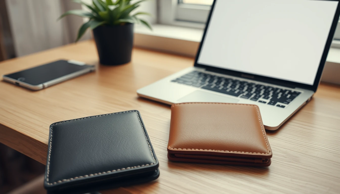Photo of a tan wallet and a black wallet side by side on an oak desk beside an open laptop and a potted plant