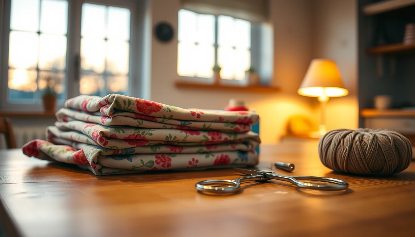 Photo of folded floral fabric, silver scissors and a ball of yarn on a wooden kitchen table in warm evening lamp light