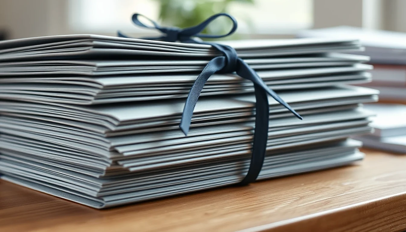 Photo of a stack of grey folders tied with a navy ribbon on a wooden desk, illustrating audit exemption for small companies