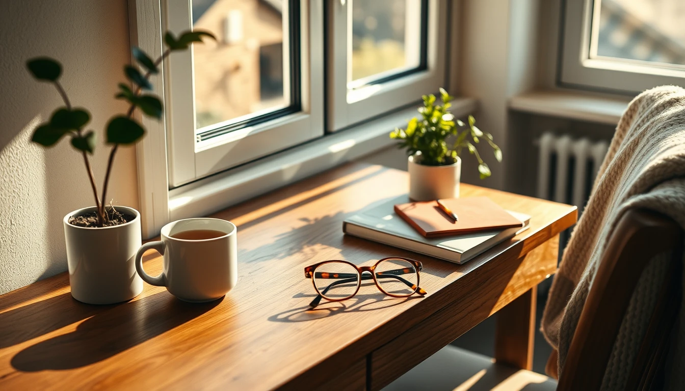 Photo of a sunny oak desk by a window with a cup of tea, reading glasses, a potted plant and a knitted throw on a chair