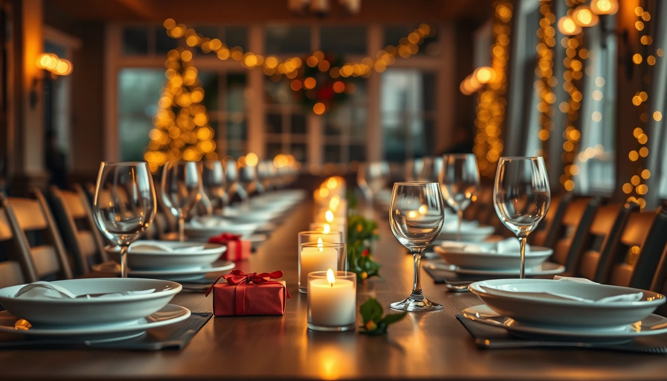 Photo of a long restaurant table set for a festive dinner with candles, glasses and a red wrapped gift, illustrating staff Christmas party tax rules
