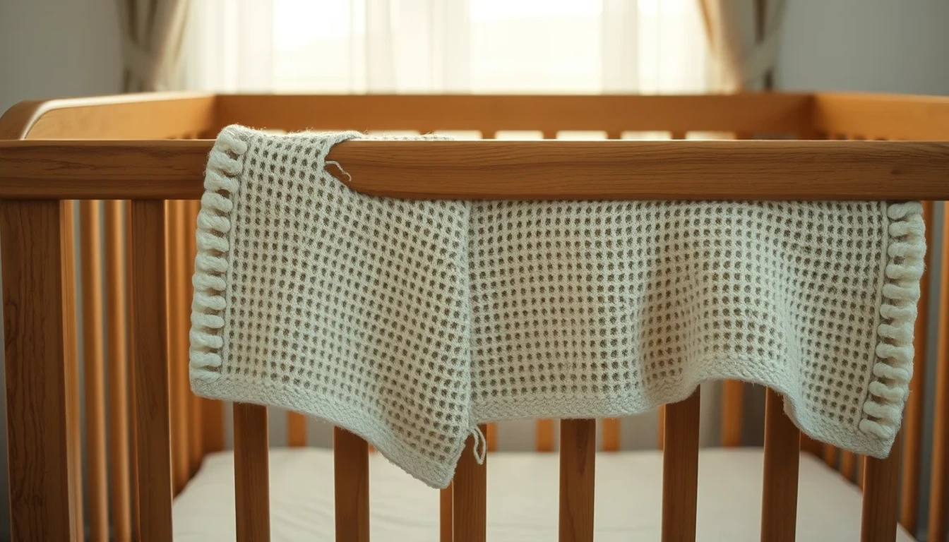 Photo of a knitted blanket draped over the rail of an empty wooden cot by a sunlit window, illustrating Statutory Maternity Pay for small employers