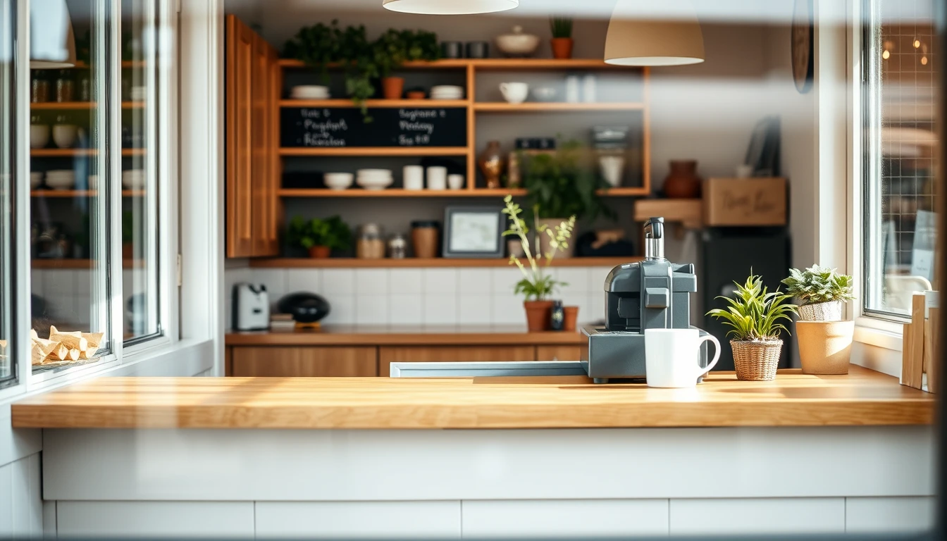 Photo of a tidy wooden shop counter with potted plants, a mug and shelves in a small cafe