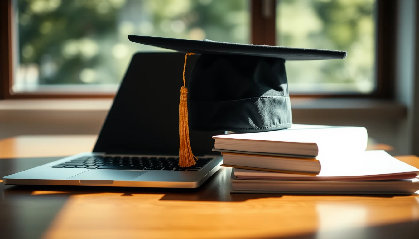 Photo of a graduation cap resting on a stack of books beside a laptop on a sunlit wooden desk