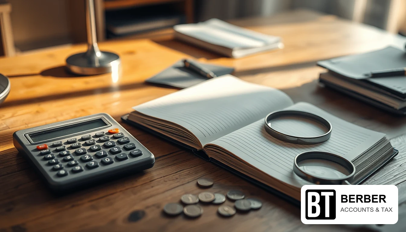 Photo of a wooden desk with a calculator, an open lined ledger, magnifying glasses and scattered coins, illustrating how to clear a suspense account