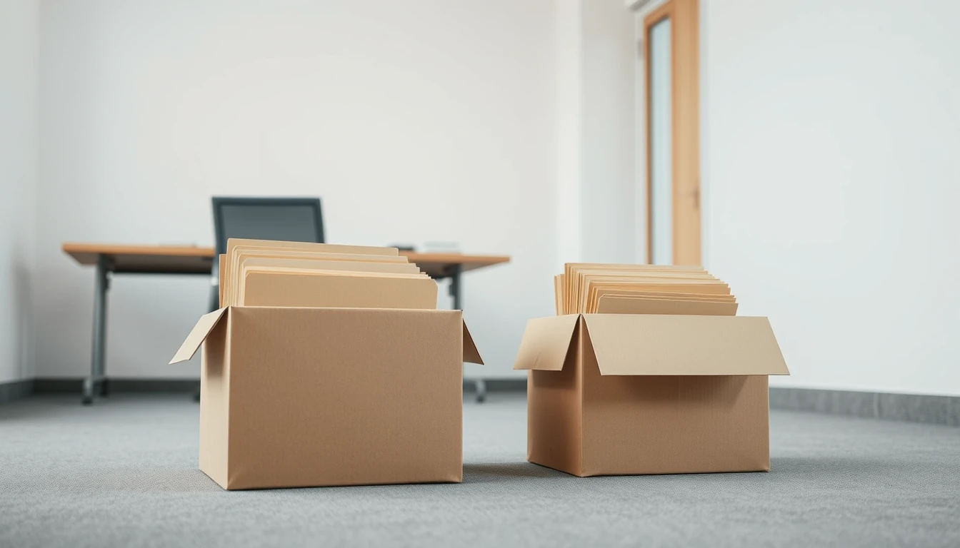 Photo of two cardboard boxes full of manila folders on an office floor beside an empty desk, illustrating switching accountant for a limited company