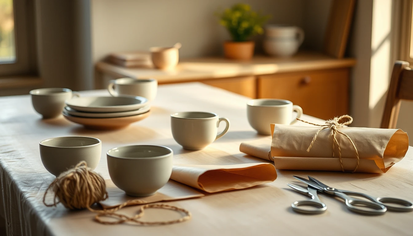 Photo of a craft table with handmade ceramic cups and bowls, brown wrapping paper, twine and scissors, illustrating the £1,000 trading allowance
