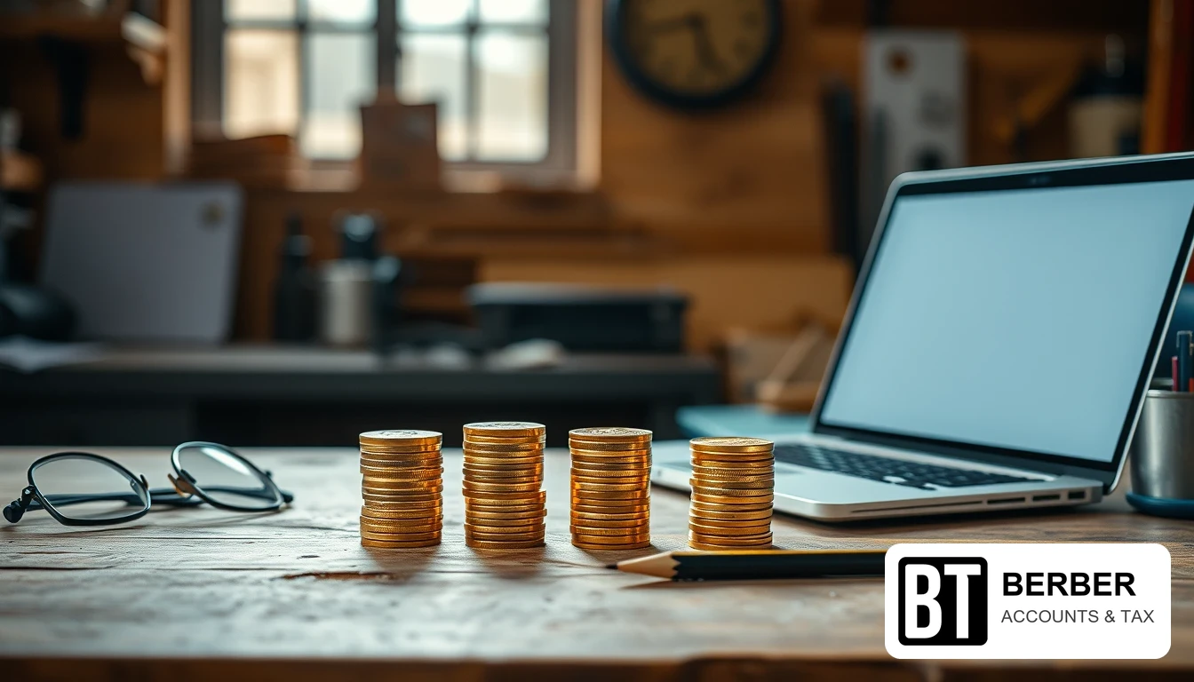 Photo of a workshop desk with stacks of gold coins in a row, reading glasses, a pencil and a laptop with a blank screen, illustrating transition profit spreading