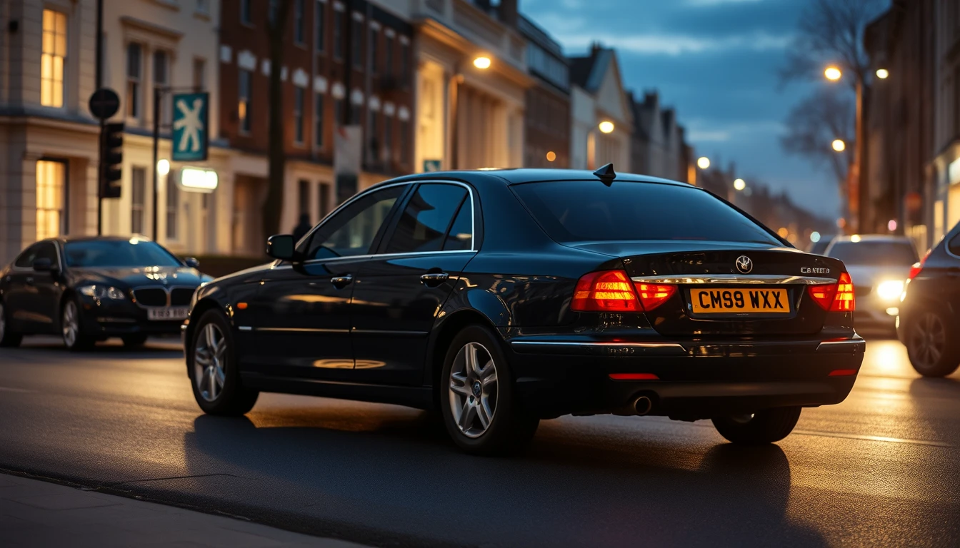 Photo of a dark saloon car parked on a London street at dusk