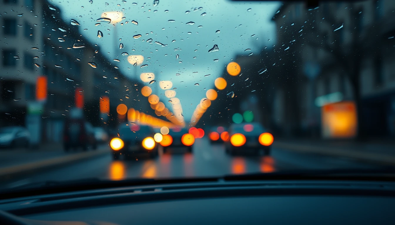 Photo through a rain-speckled car windscreen at dusk showing blurred street lamps and the lights of traffic ahead