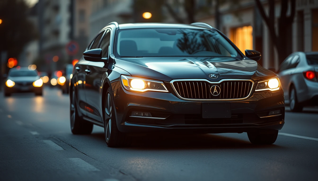 Photo of a dark saloon car with headlights on parked on a city street at dusk