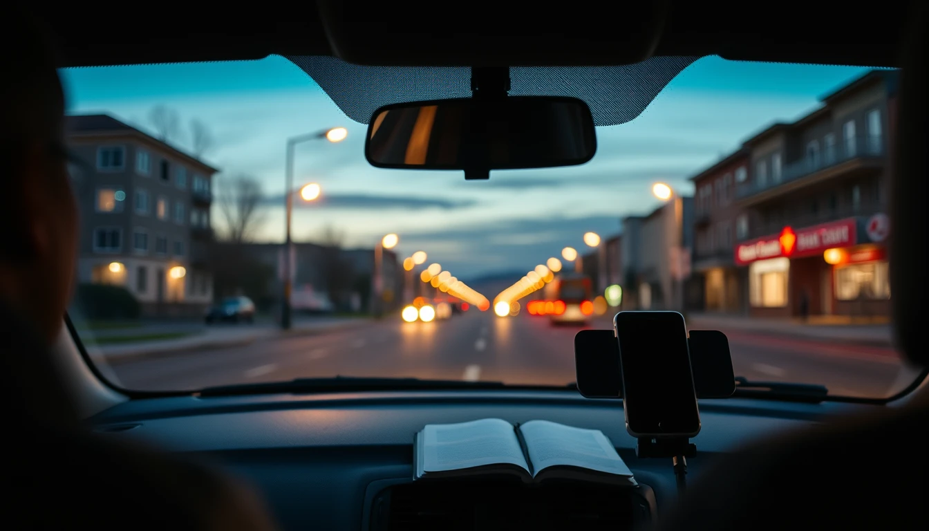 Photo from inside a parked car at dusk looking onto a city street, representing an Uber driver tax return