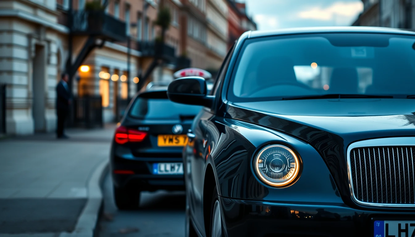 Photo of a black private hire car parked on a quiet London street at dusk