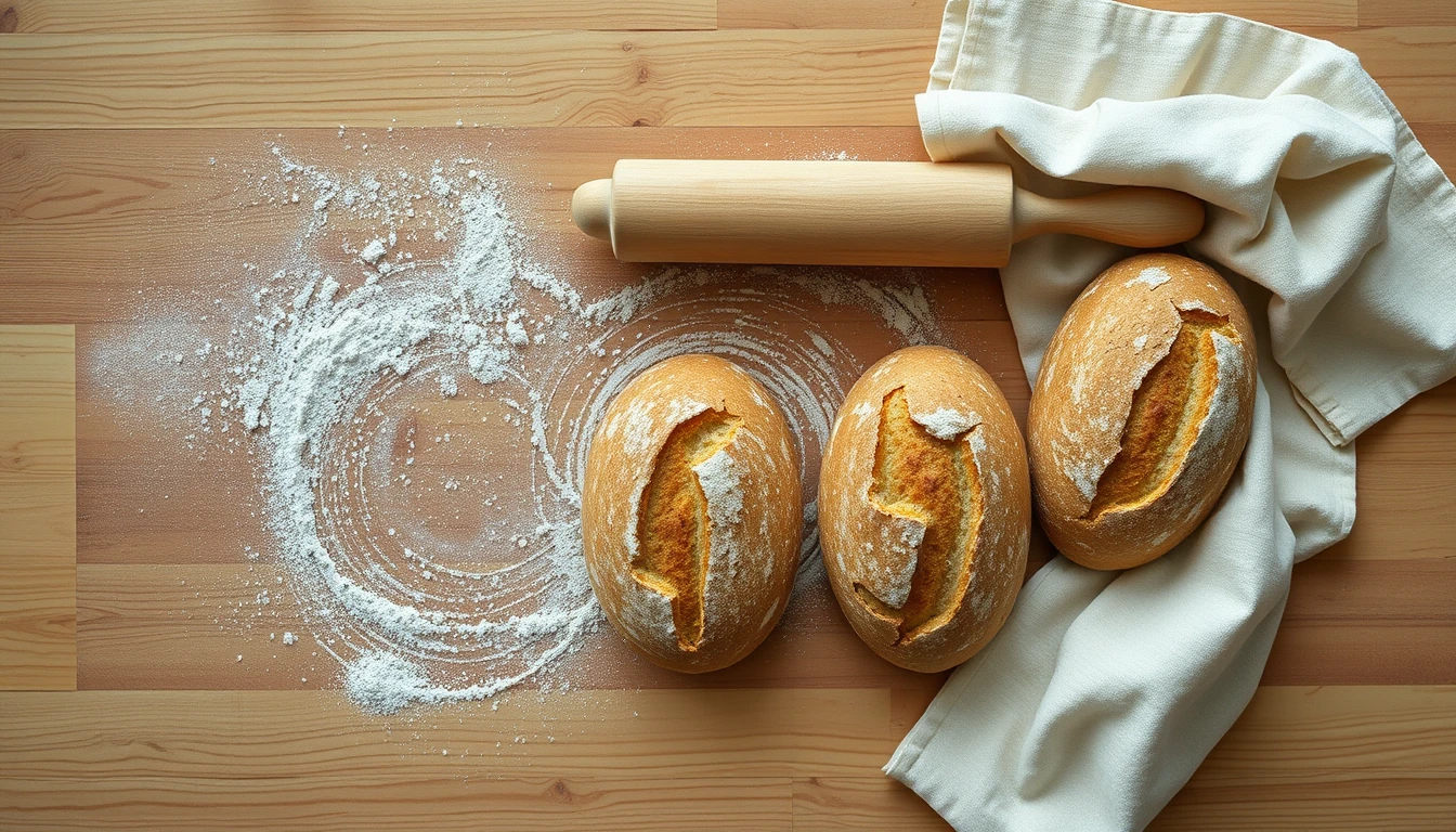 Photo from above of a floured wooden worktop with a rolling pin, three crusty loaves and a linen cloth, illustrating the VAT Annual Accounting Scheme