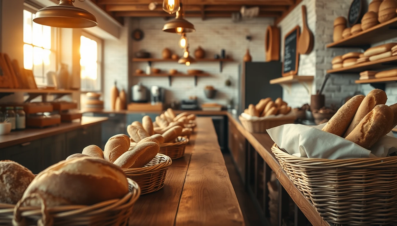 Photo of an empty artisan bakery with loaves and baguettes in wicker baskets on a long wooden counter under warm lights