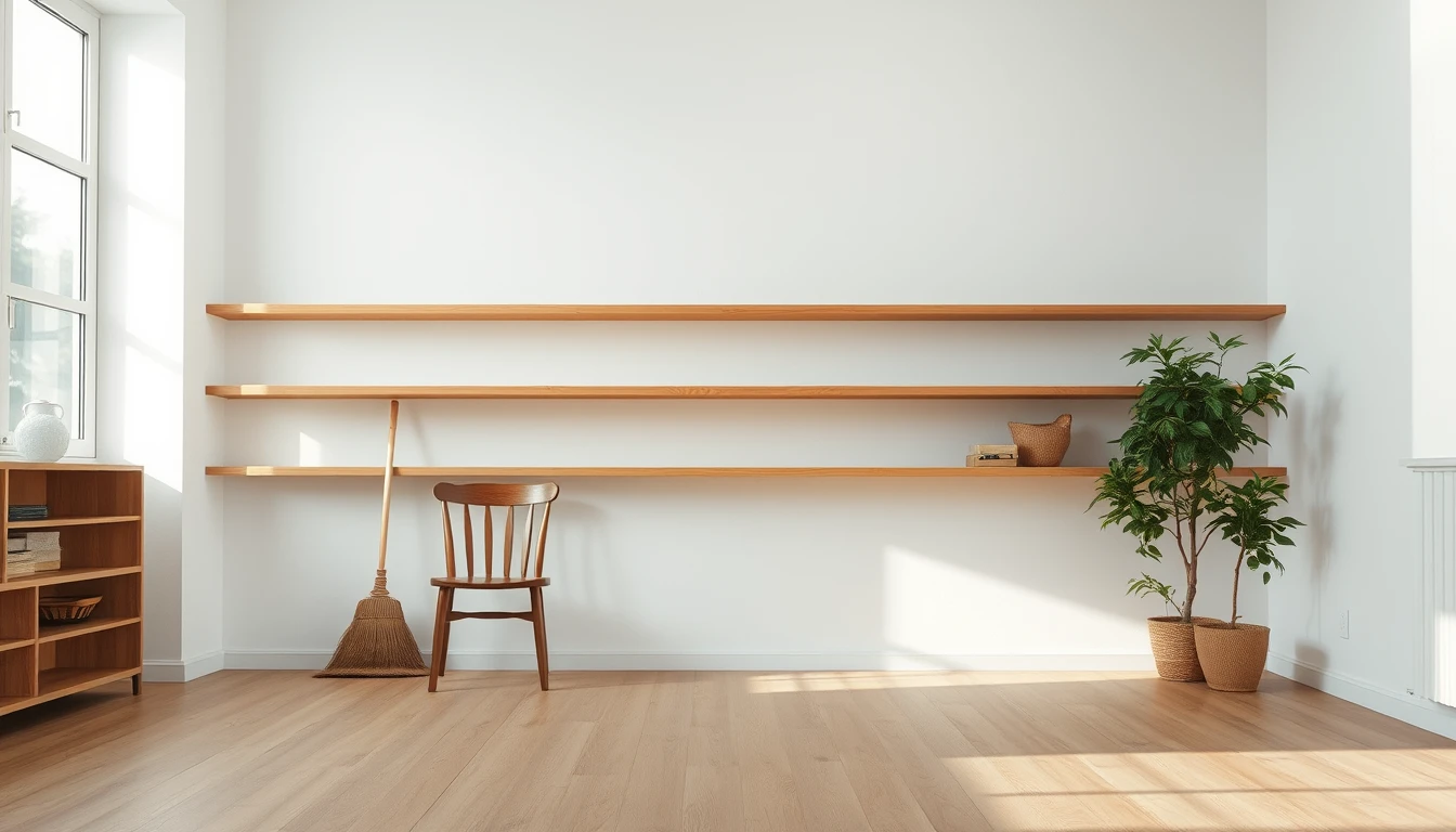 Photo of an empty sunlit room with bare wooden shelves on a white wall, a wooden chair, a broom and potted plants