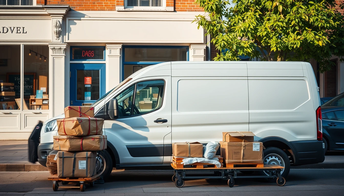 Photo of a shopfront delivery van and parcels stacked neatly on a pavement
