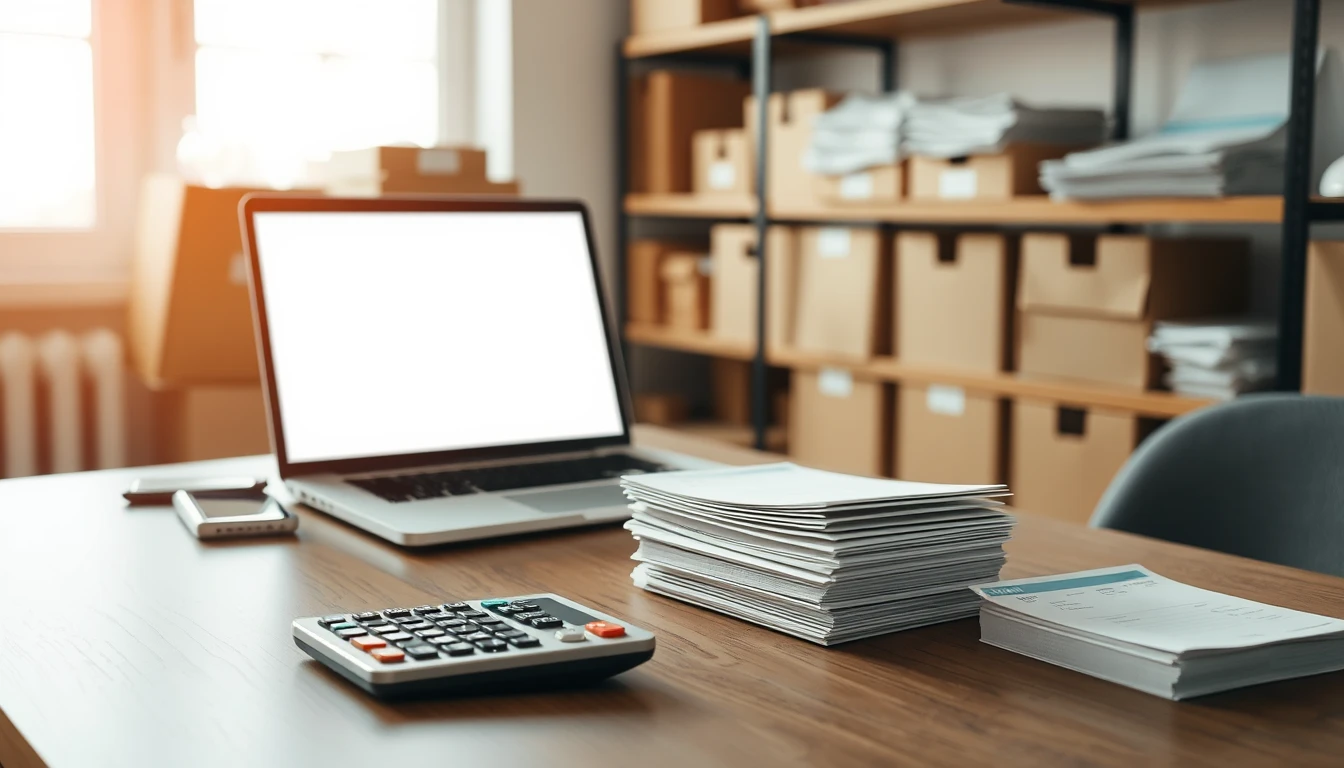 Photo of an empty small business office with a laptop, calculator and stacks of paper invoices, representing VAT accounting