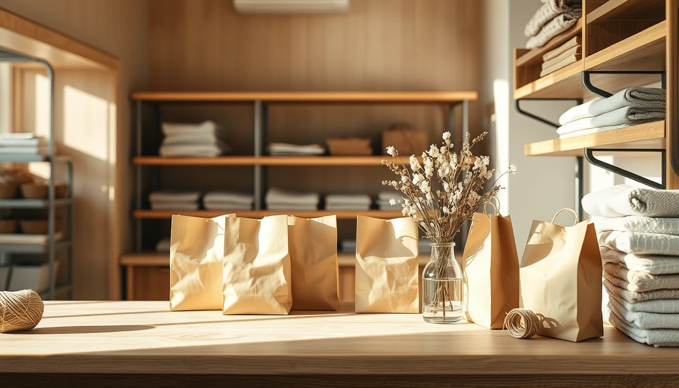 Photo of an empty boutique shop counter with plain kraft paper bags, dried flowers and shelves of folded linen