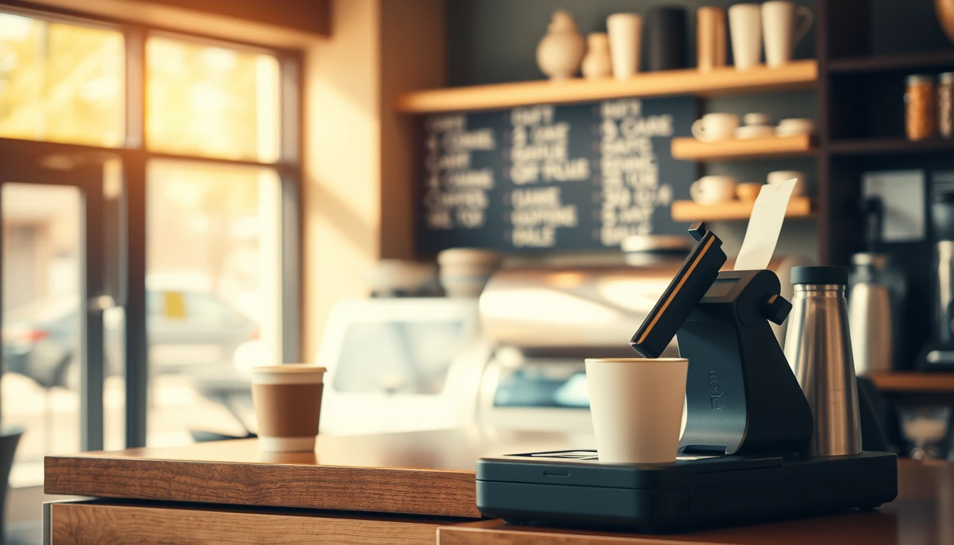 Photo of a coffee shop counter with a card payment terminal and a cup in warm light