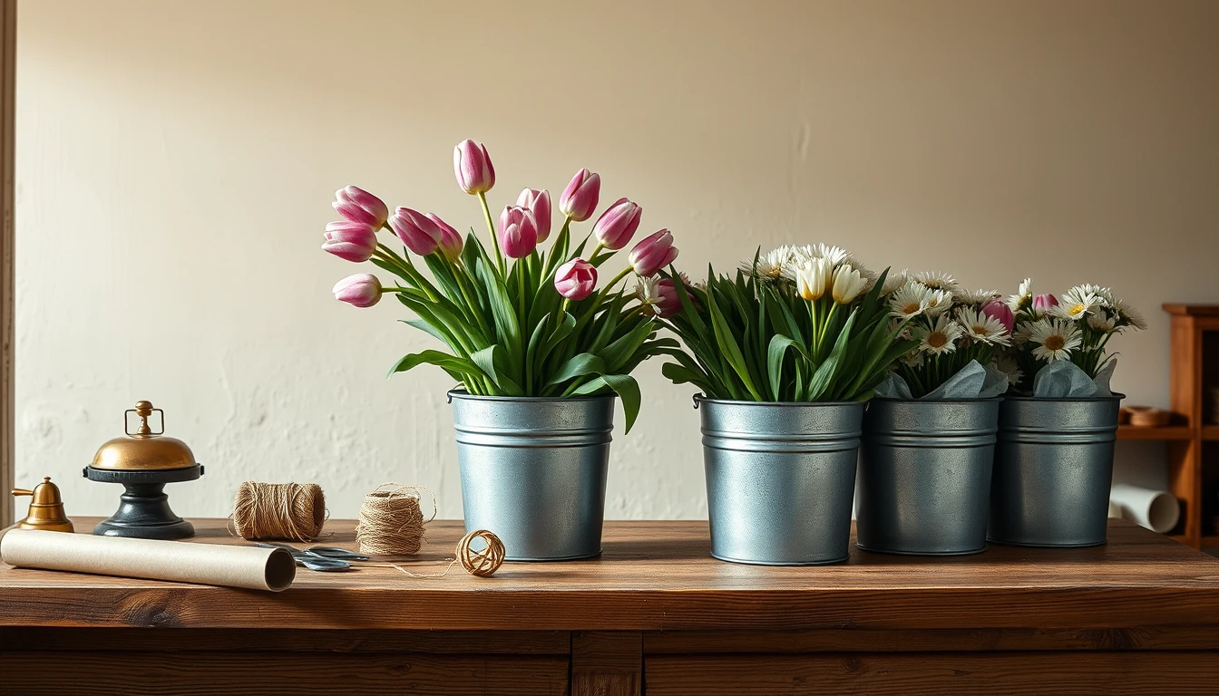 Photo of galvanised buckets of pink tulips and white daisies on a wooden shop counter with twine, wrapping paper and a brass bell
