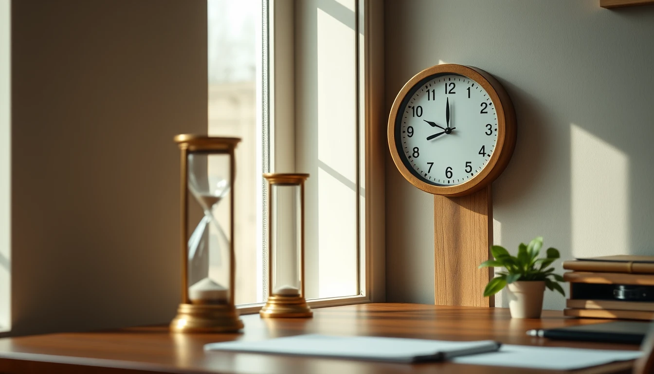 Photo of a brass hourglass and a wooden wall clock beside a sunlit window above a tidy desk