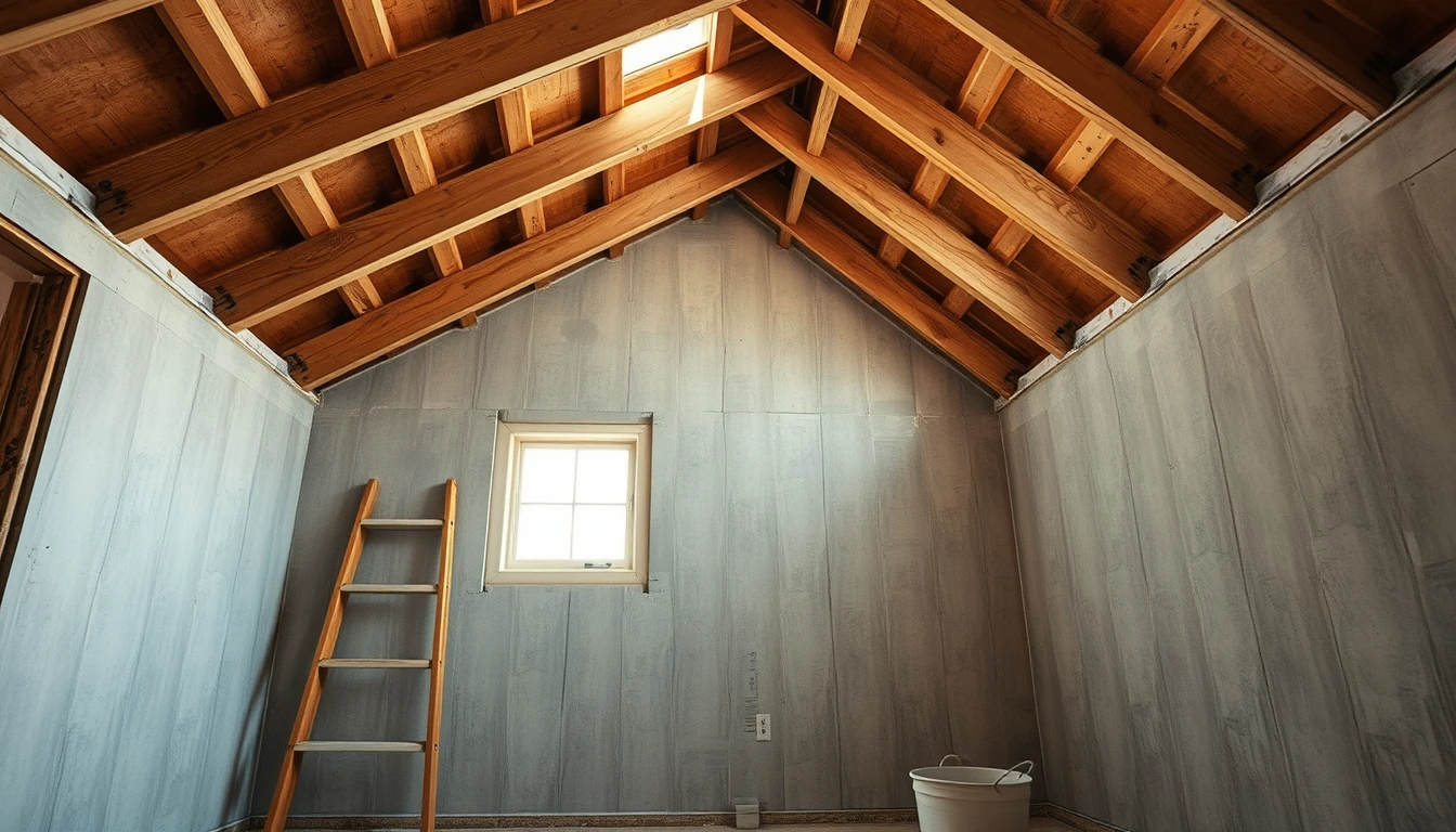 Photo of the inside of a building under renovation with exposed timber roof joists, a ladder and a bucket, illustrating the VAT reverse charge for construction