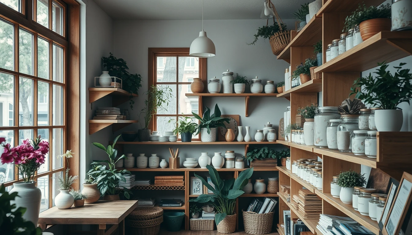 Photo of a cosy small shop interior with wooden shelves of ceramic jars, plants and a sunlit window