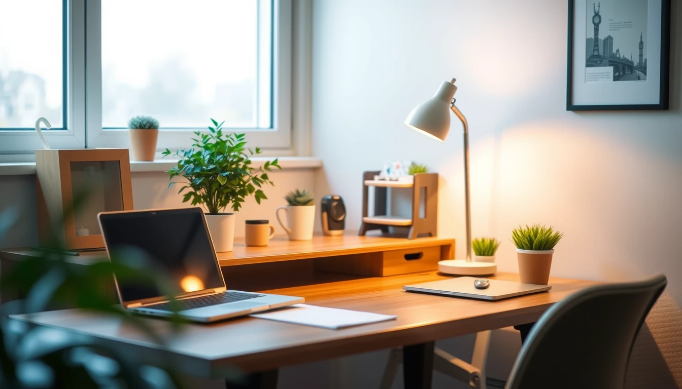 Photo of a cosy home office with a wooden desk, lamp and laptop