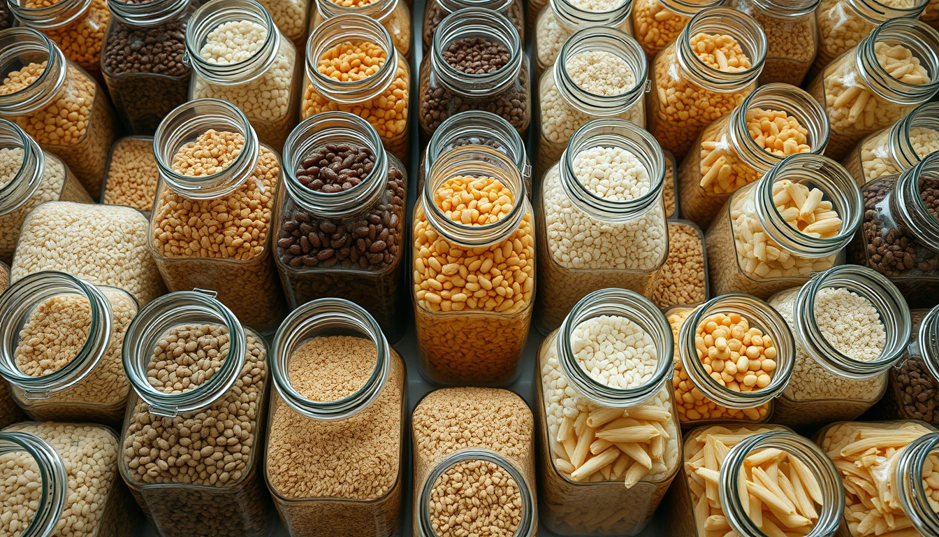 Photo from above of rows of open glass jars filled with dried beans, lentils, rice and pasta, illustrating a year end stock take